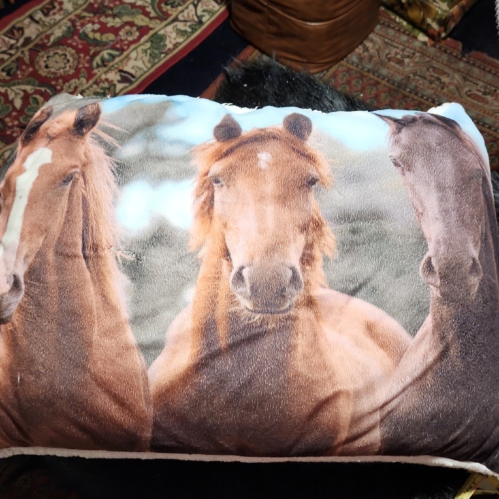 Horse Print Throw Pillow.  Used Condition. See PHOTOS!